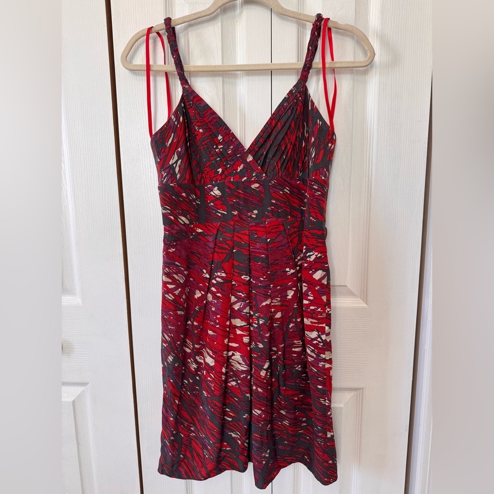 BCBGMaxAzria Red Black White Abstract Dress Size 4 Back Zipper Spaghetti Straps - Picture 2 of 15